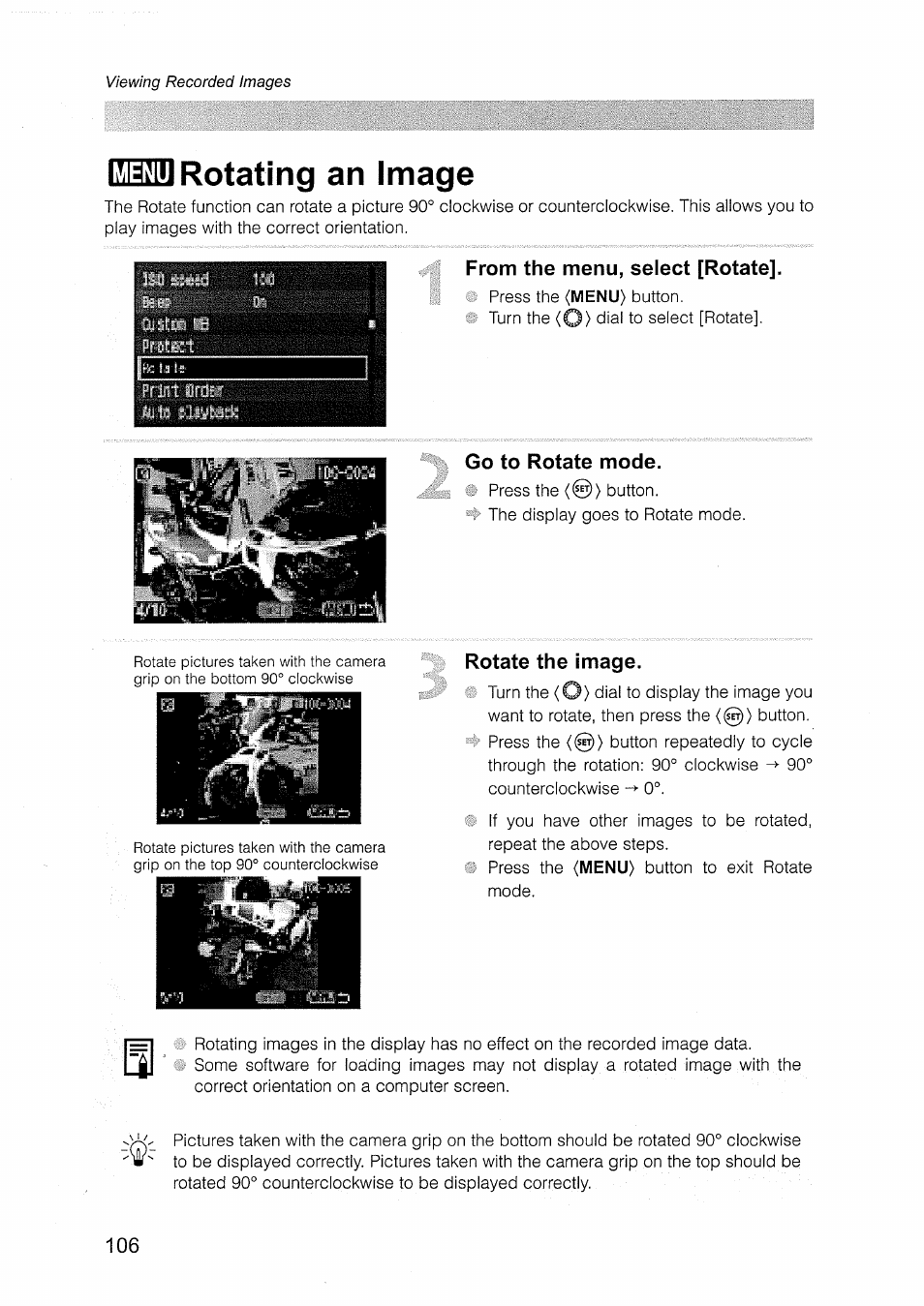 Rotating an image, From the menu, select [rotate, Go to rotate mode | Rotate the image, Menu | Canon EOS D30 User Manual | Page 106 / 151