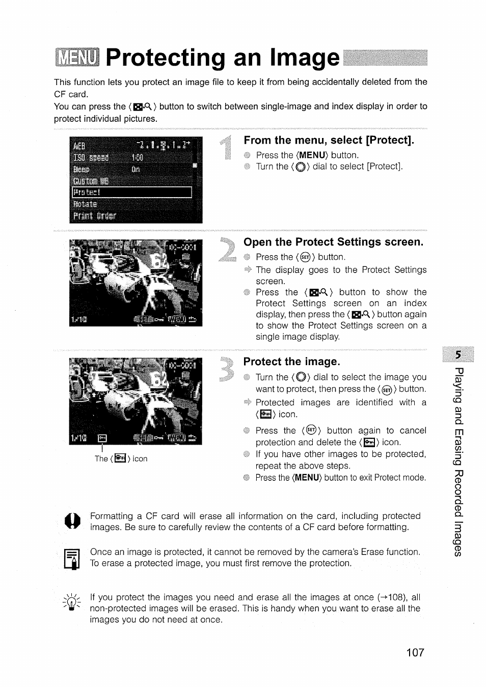 Protecting an image, From the menu, select [protect, Open the protect settings screen | Protect the image | Canon EOS D30 User Manual | Page 107 / 151