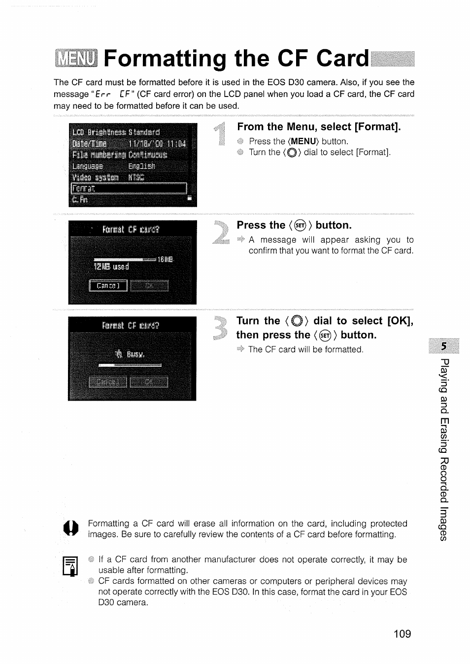Iil formatting the cf card, From the menu, select [format, Press the <0> button | Canon EOS D30 User Manual | Page 109 / 151