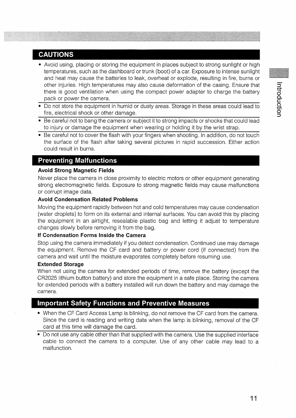 Preventing malfunctions, Important safety functions and preventive measures, Cautions | Canon EOS D30 User Manual | Page 11 / 151