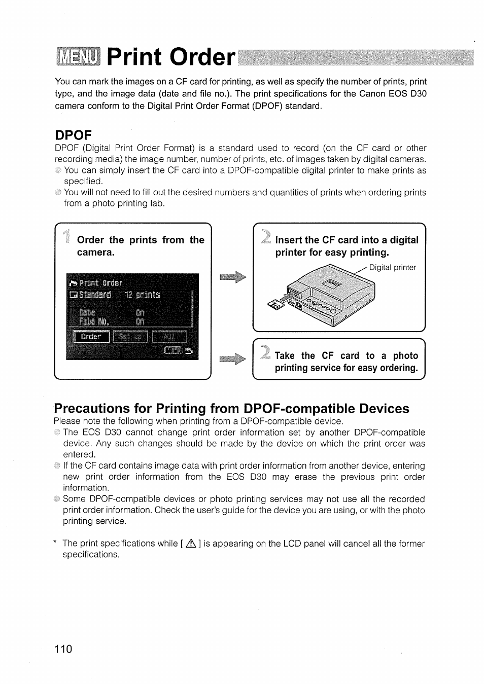 Dpof, R’ill print order | Canon EOS D30 User Manual | Page 110 / 151