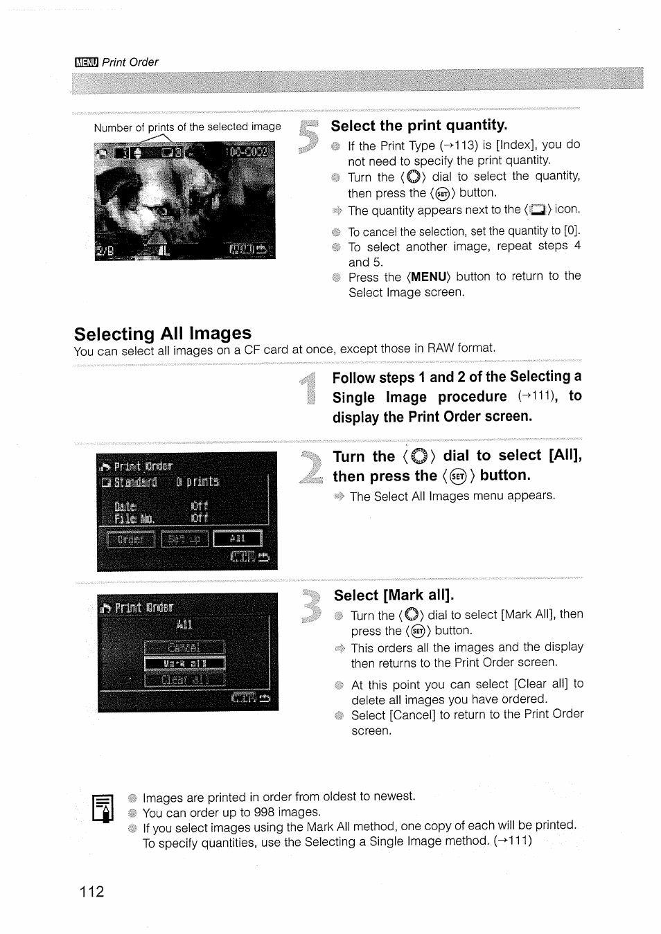 Select the print quantity, Selecting all images, Display the print order screen | Select [mark all | Canon EOS D30 User Manual | Page 112 / 151