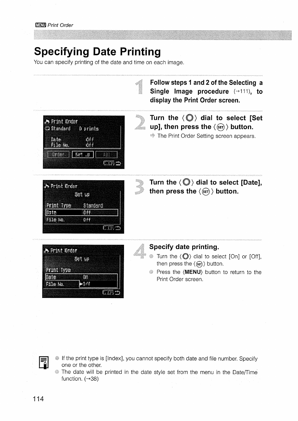 Specifying date printing, Display the print order screen, Specify date printing | Canon EOS D30 User Manual | Page 114 / 151