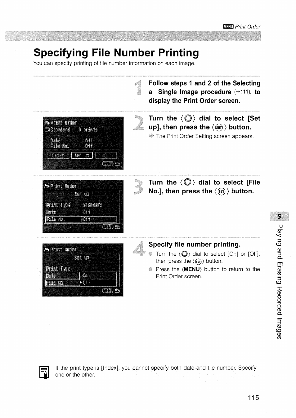 Specifying fiie number printing, Specify fiie number printing | Canon EOS D30 User Manual | Page 115 / 151