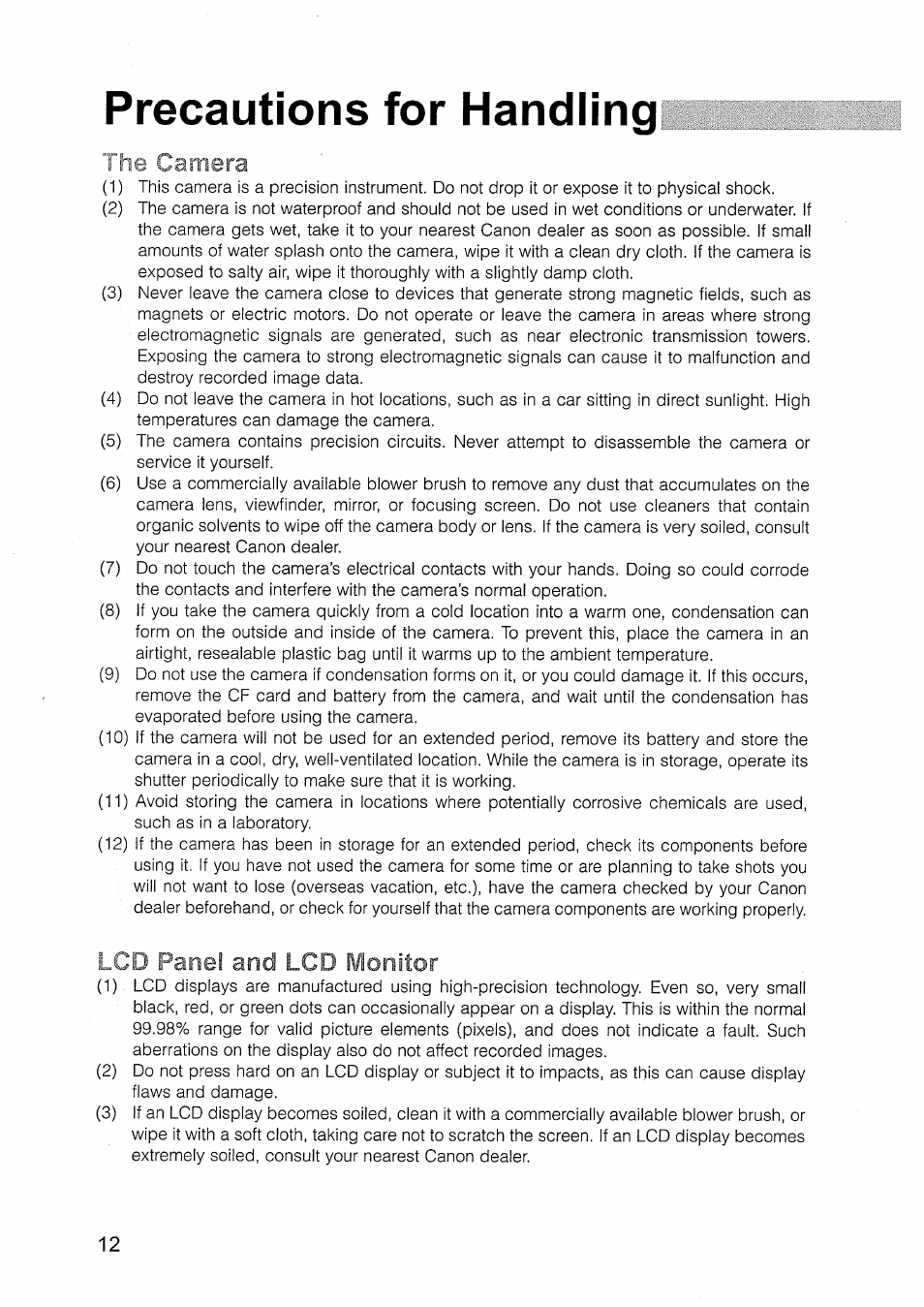 Precautions for handling, Caillera, X'd panel and lcd monitor | Canon EOS D30 User Manual | Page 12 / 151