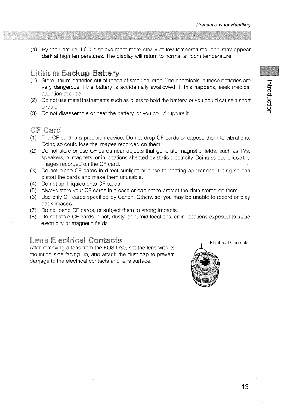 Uthiiim backup battery, Lo l£[cctrical ^uiniiacts | Canon EOS D30 User Manual | Page 13 / 151