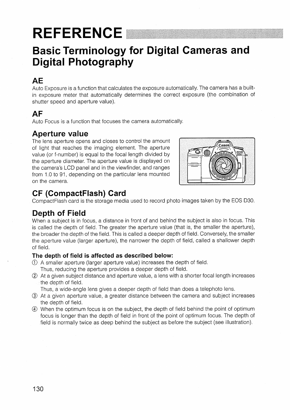 Reference, Aperture value, Cf (compactflash) card | Depth of field | Canon EOS D30 User Manual | Page 130 / 151