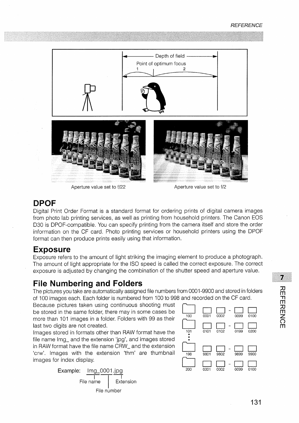 Dpof, Exposure, File numbering and folders | Canon EOS D30 User Manual | Page 131 / 151