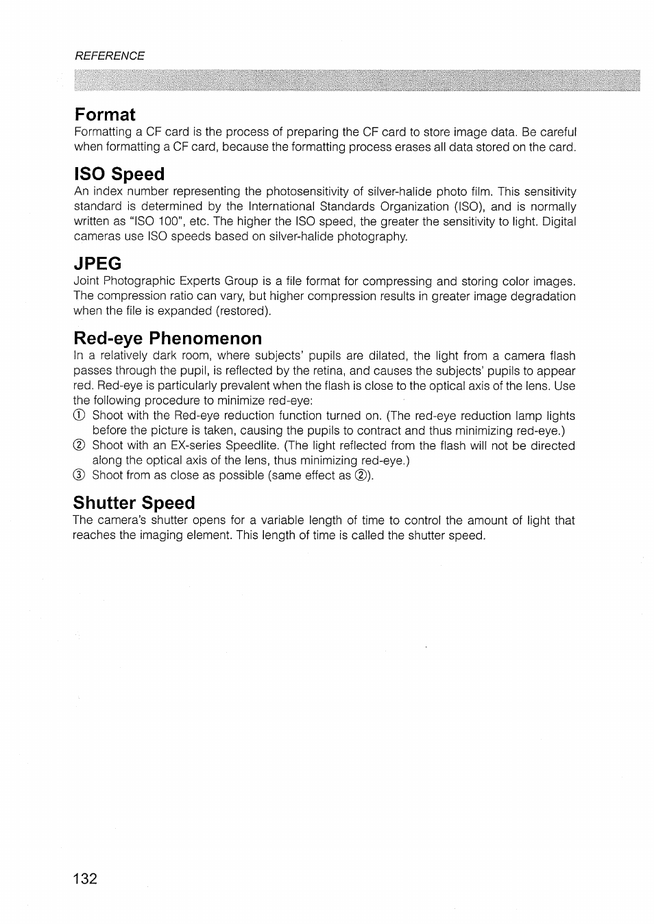 Format, Iso speed, Jpeg | Red-eye phenomenon, Shutter speed | Canon EOS D30 User Manual | Page 132 / 151