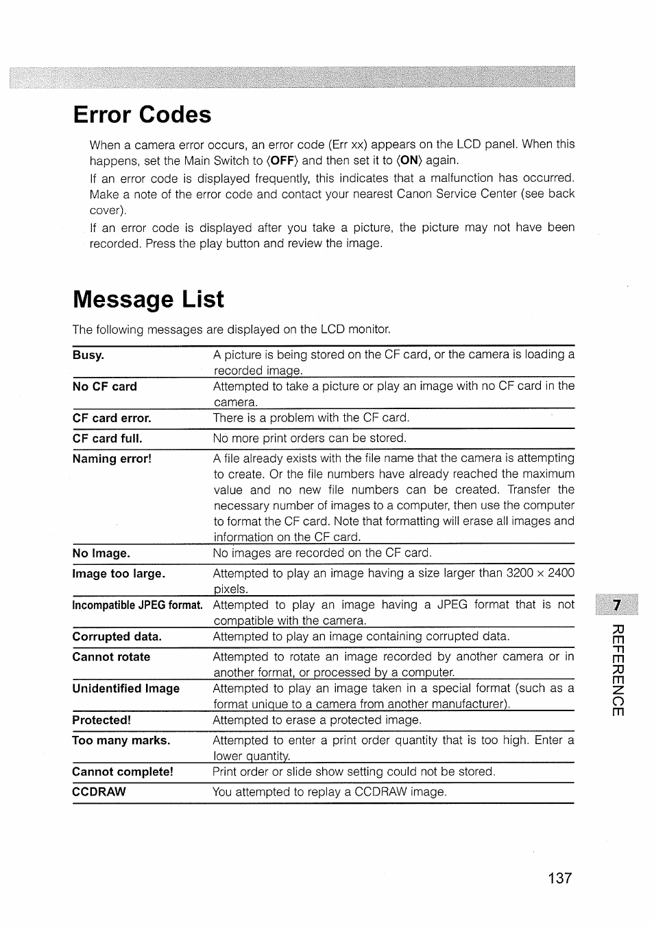 Error codes, Message list | Canon EOS D30 User Manual | Page 137 / 151