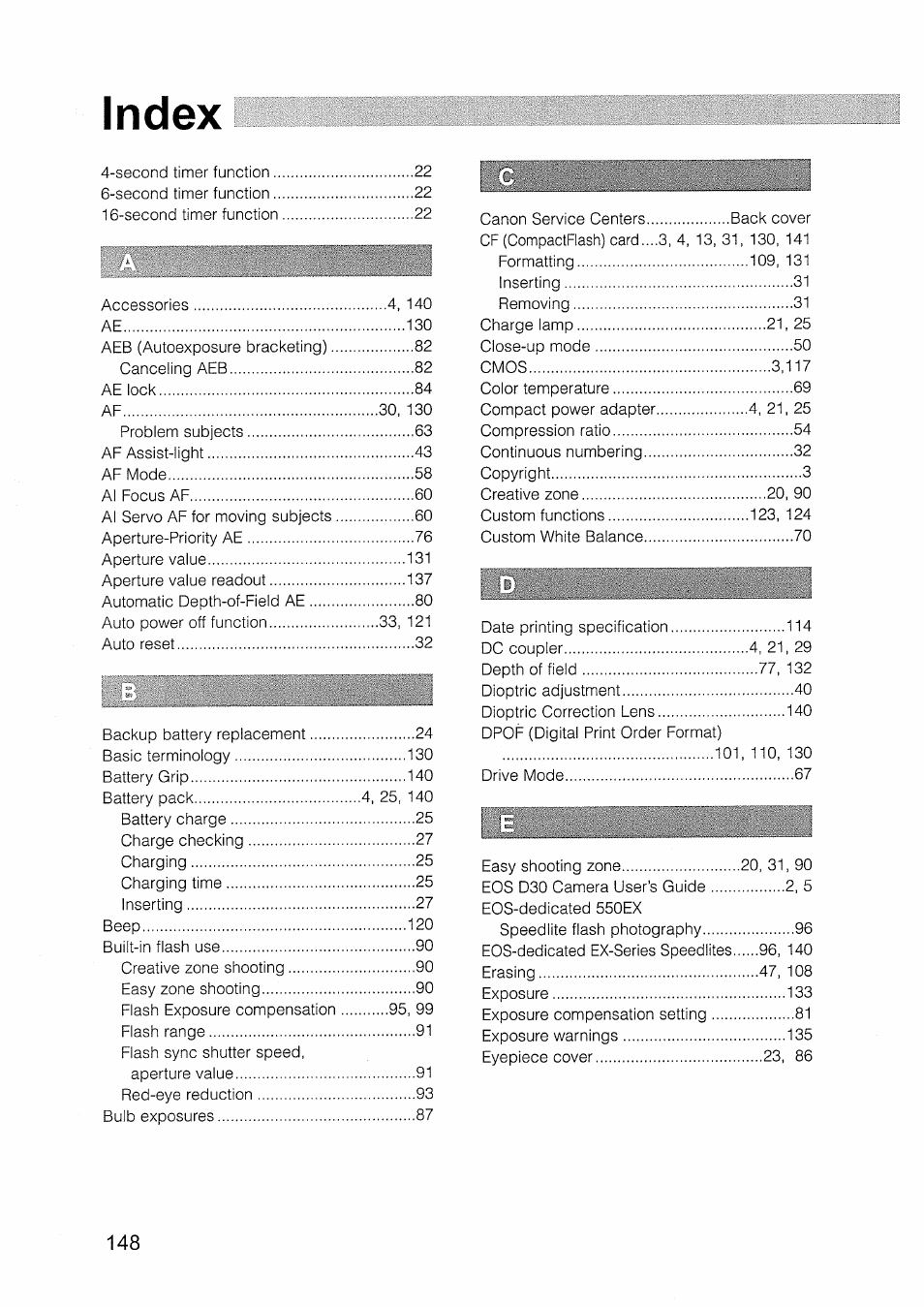 Index | Canon EOS D30 User Manual | Page 148 / 151