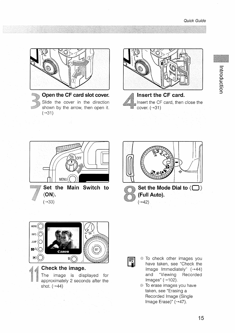 Insert the cf card, Set the main switch to (on), Fuli auto) | Canon EOS D30 User Manual | Page 15 / 151