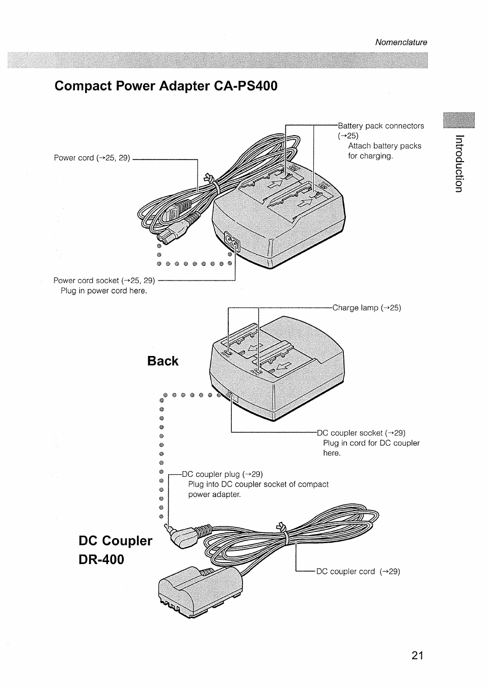 Compact power adapter ca-ps400, Back, Dc coupler dr-400 | Canon EOS D30 User Manual | Page 21 / 151