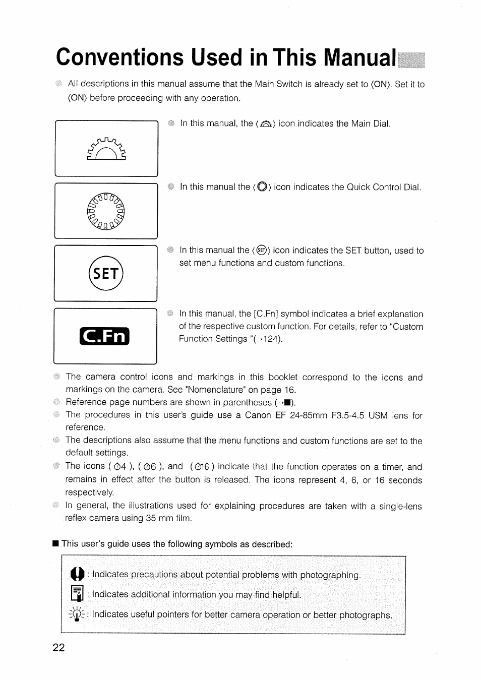 Conventions used in this manual | Canon EOS D30 User Manual | Page 22 / 151