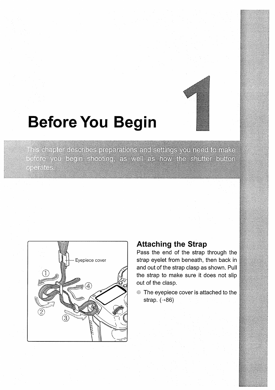 Before you begin, Attaching the strap | Canon EOS D30 User Manual | Page 23 / 151