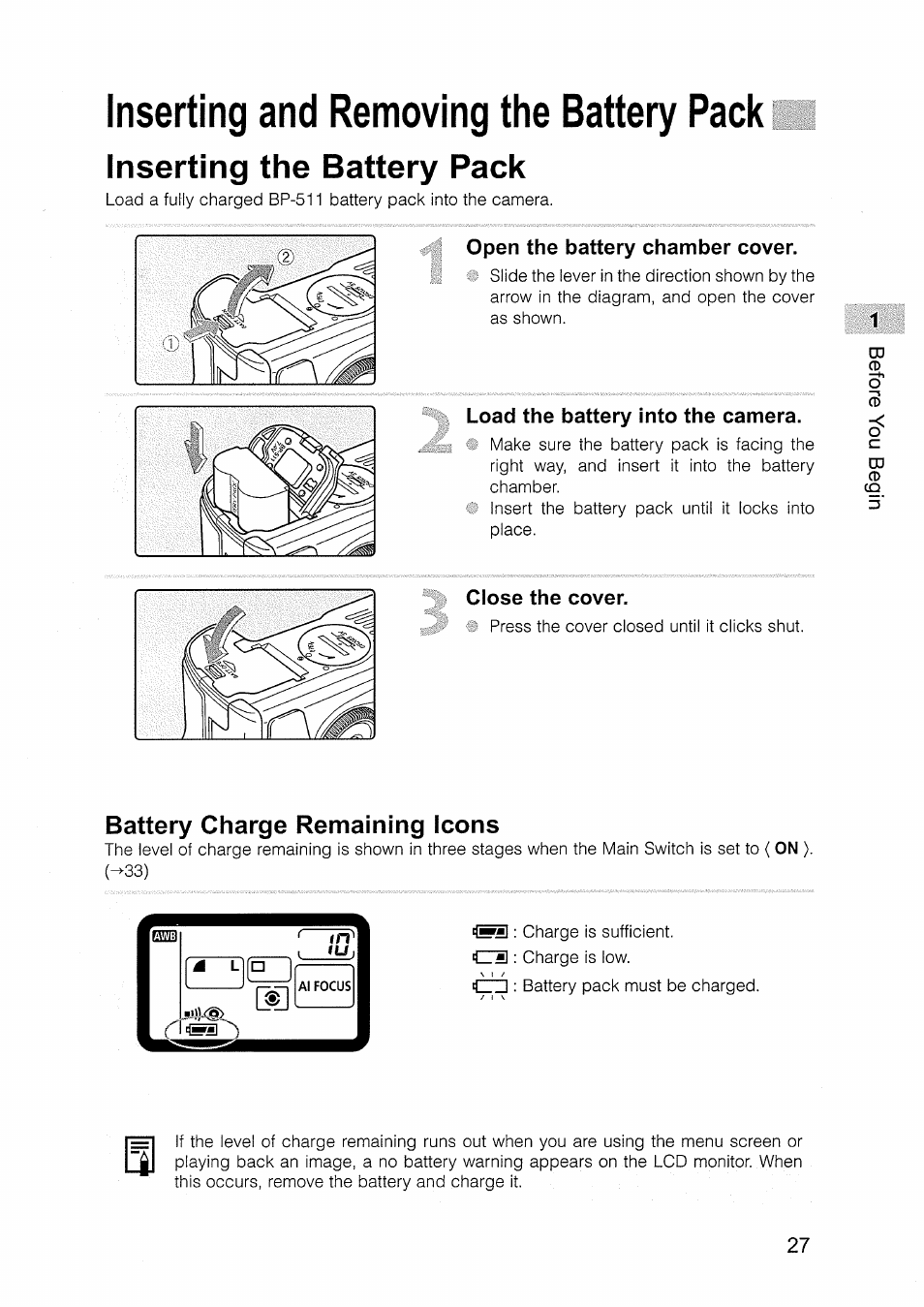 Inserting the battery pack, Open the battery chamber cover, Load the battery into the camera | Close the cover, Battery charge remaining icons, Inserting and removing the battery pack | Canon EOS D30 User Manual | Page 27 / 151