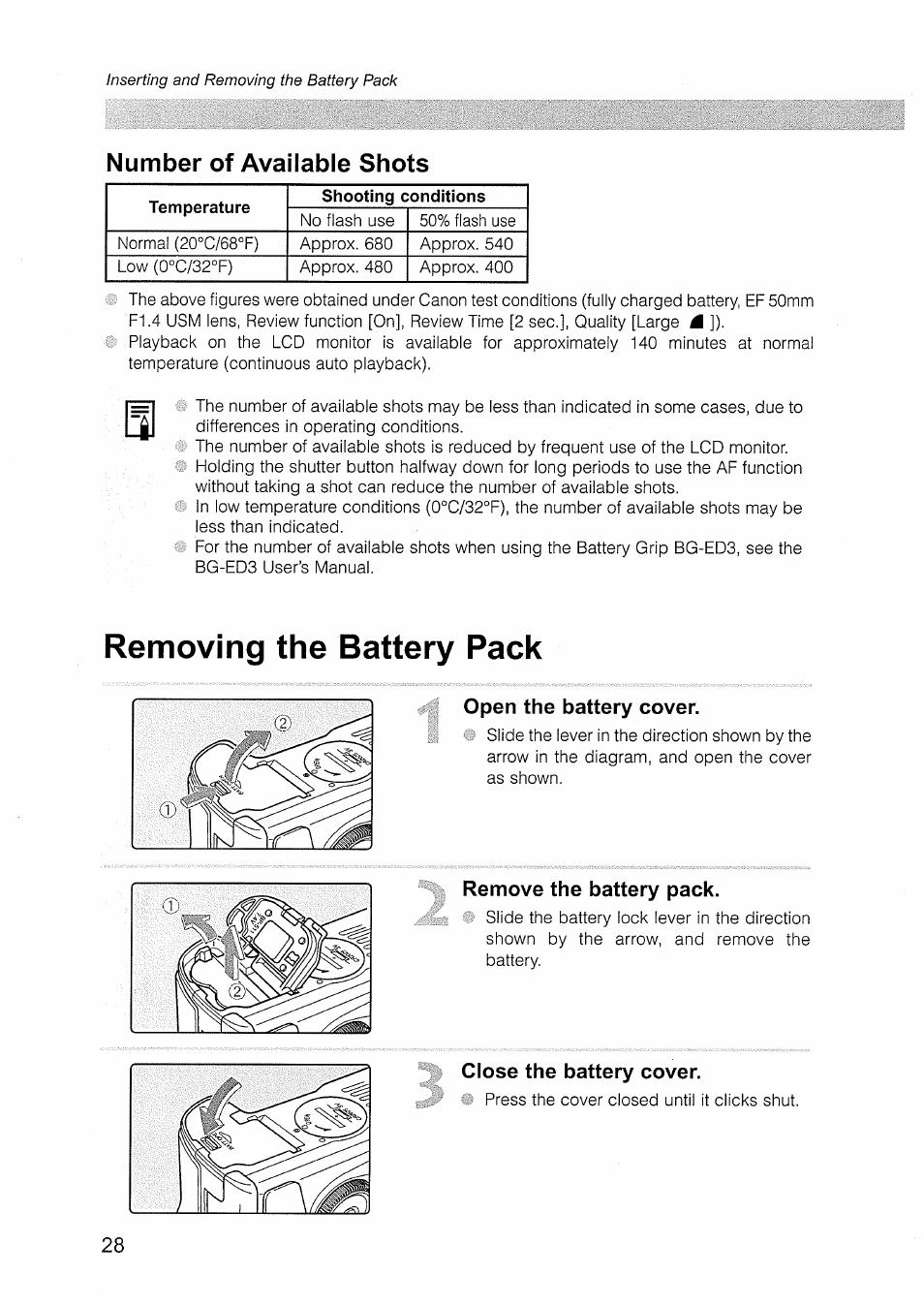 Number of available shots, Removing the battery pack, Open the battery cover | Remove the battery pack, Close the battery cover | Canon EOS D30 User Manual | Page 28 / 151