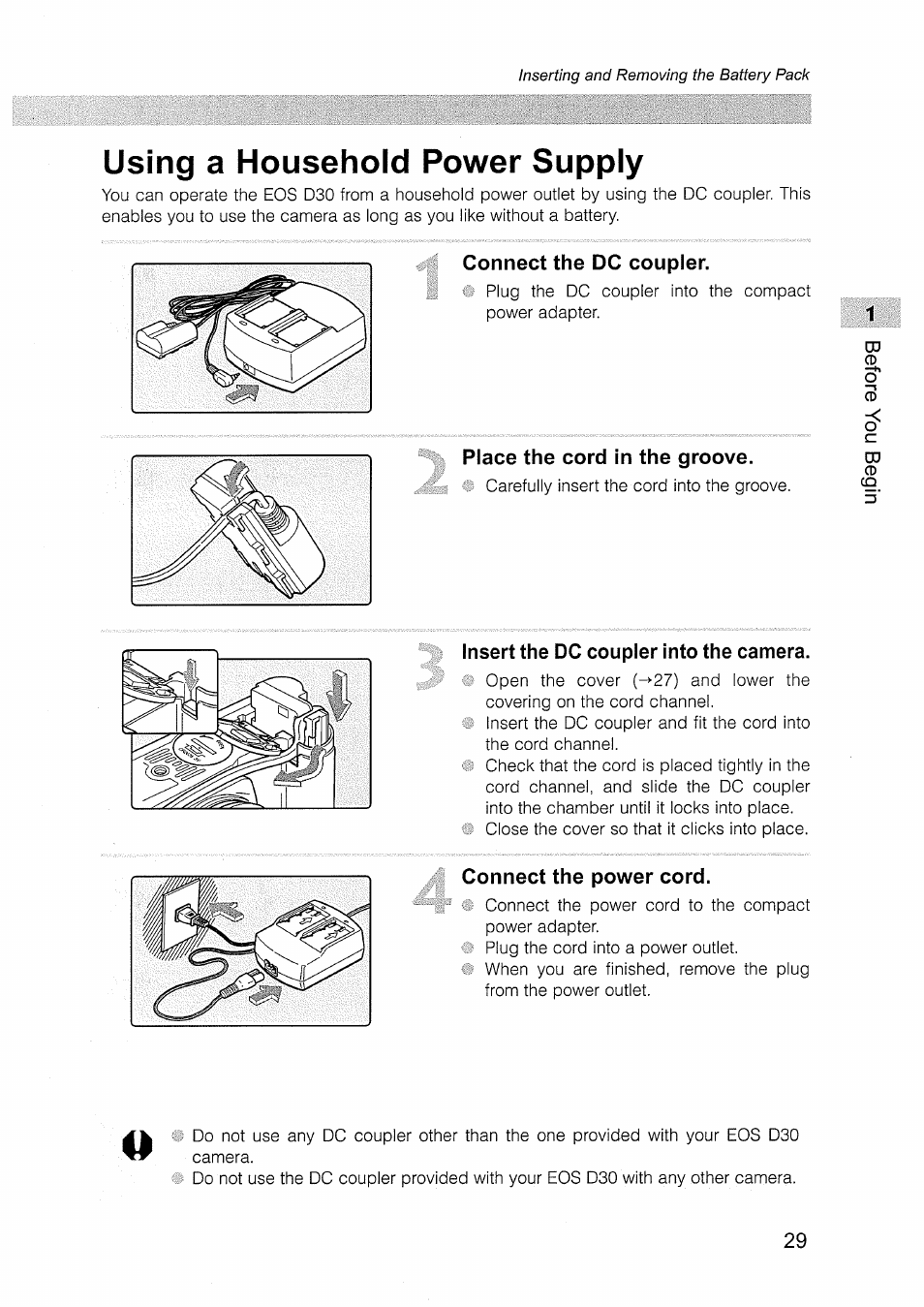 Using a household power supply, Connect the dc coupler, Place the cord in the groove | Insert the dc coupler into the camera, Connect the power cord | Canon EOS D30 User Manual | Page 29 / 151