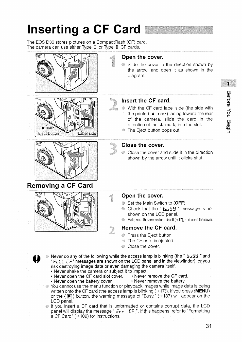 Inserting a cf card, Removing a cf card, Open the cover | Insert the cf card, Close the cover, Remove the cf card | Canon EOS D30 User Manual | Page 31 / 151