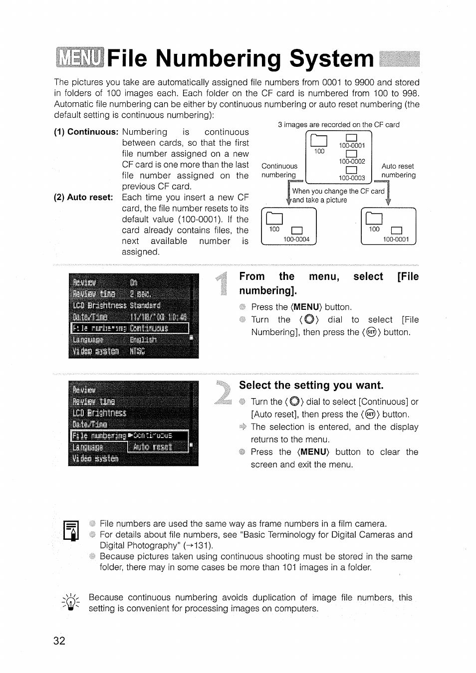 File numbering system, From the menu, select [file numbering, Select the setting you want | Cm] file numbering system | Canon EOS D30 User Manual | Page 32 / 151