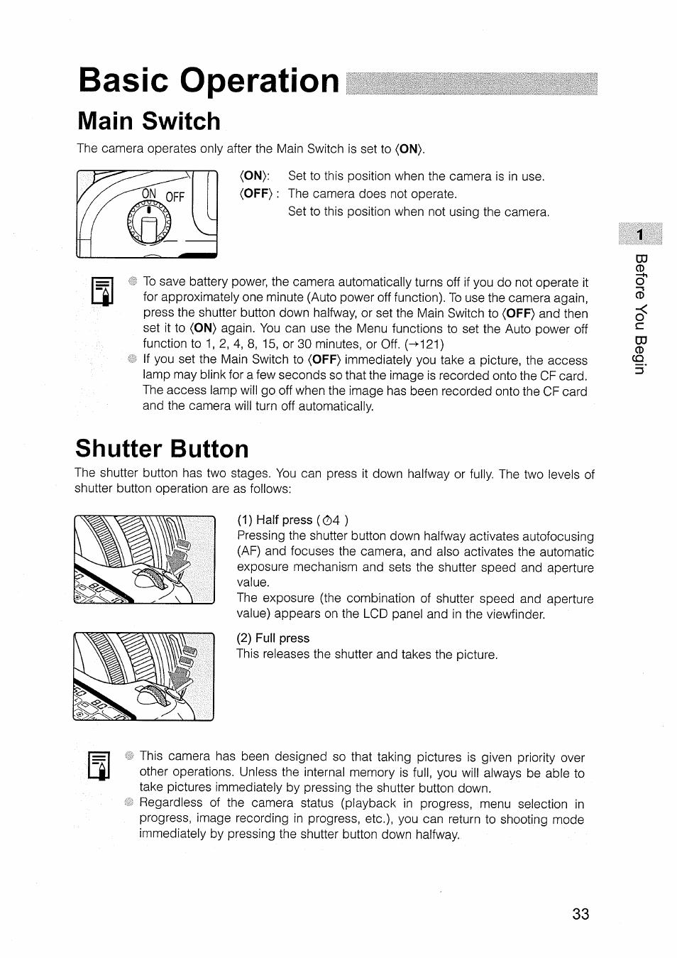 Basic operation, Main switch, Shutter button | Canon EOS D30 User Manual | Page 33 / 151