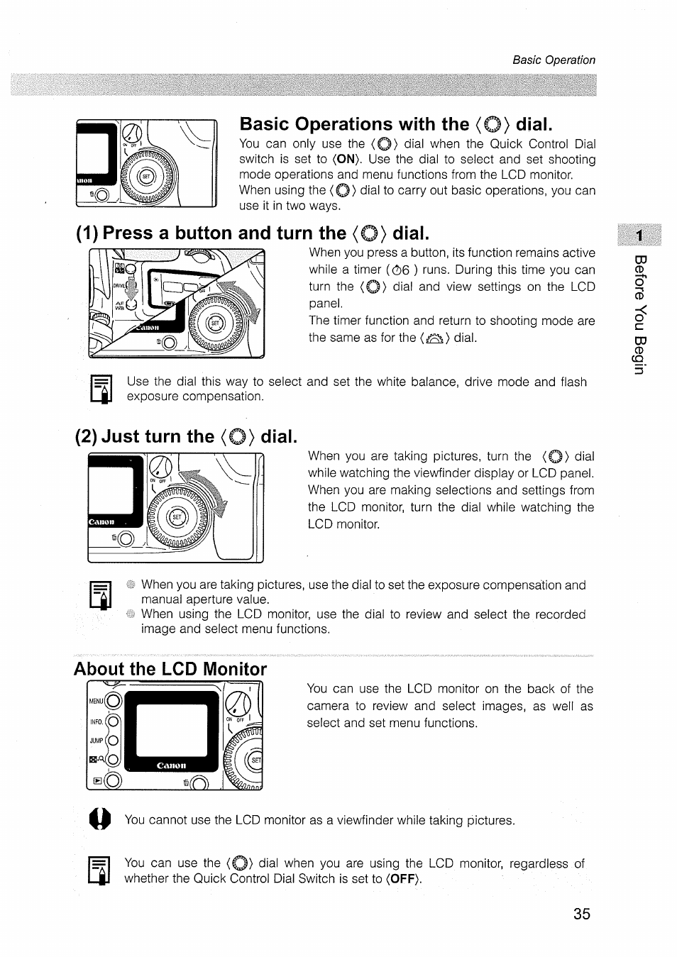 Basic operations with the (o) dial, 1) press a button and turn the (o) dial, About the lcd monitor | Canon EOS D30 User Manual | Page 35 / 151