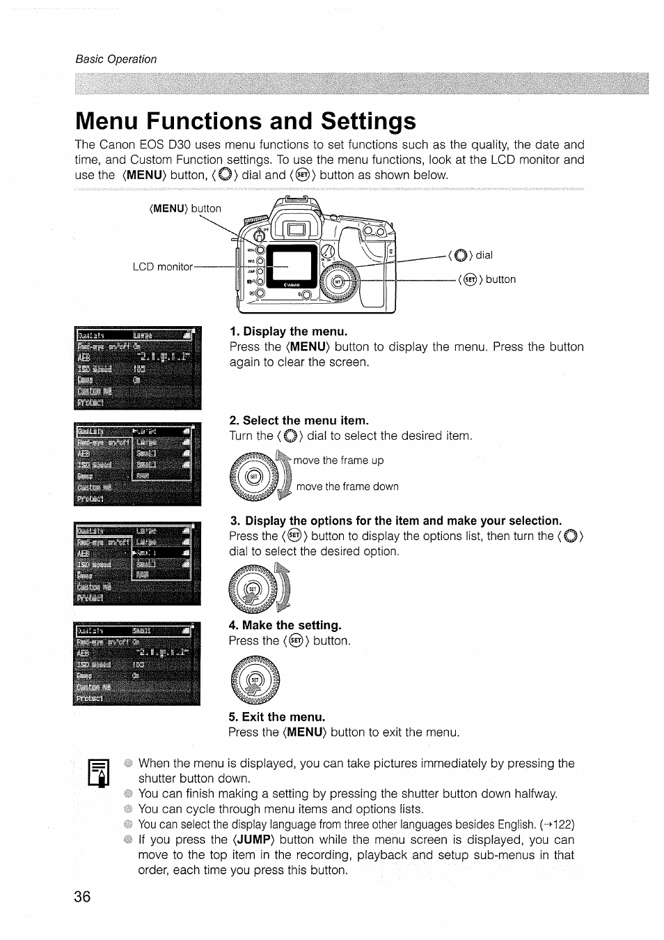 Menu functions and settings | Canon EOS D30 User Manual | Page 36 / 151