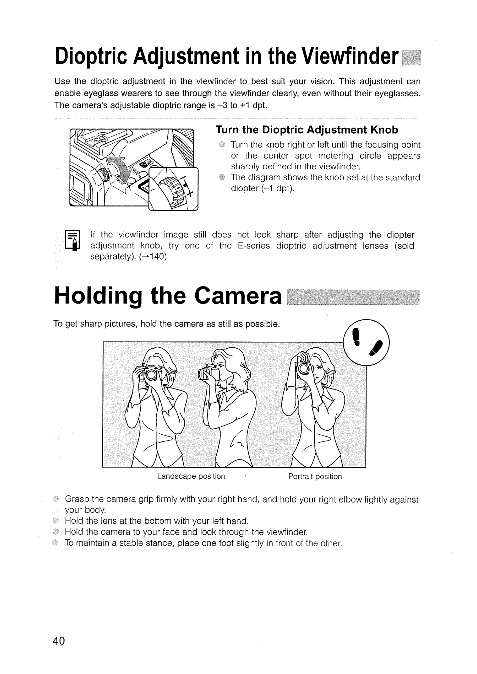 Dioptric adjustment in the viewfinder, Turn the dioptric adjustment knob, Holding the camera | Canon EOS D30 User Manual | Page 40 / 151