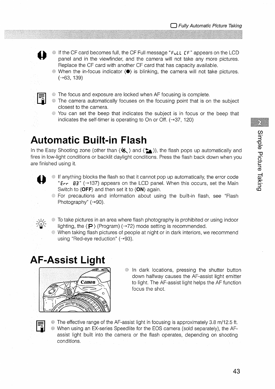 Automatic built-in flash, Af-assist light, Automatic built-in flash af-assist light | Canon EOS D30 User Manual | Page 43 / 151