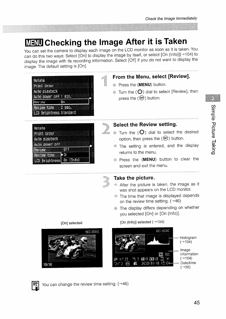 Checking the image after it is taken, From the menu, select [review, Select the review setting | Take the picture, Menu | Canon EOS D30 User Manual | Page 45 / 151