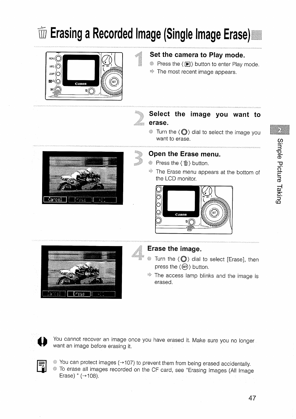 Set the camera to play mode, Select the image you want to erase, Open the erase menu | Erase the image, Erasing a recorded image (single image erase) | Canon EOS D30 User Manual | Page 47 / 151