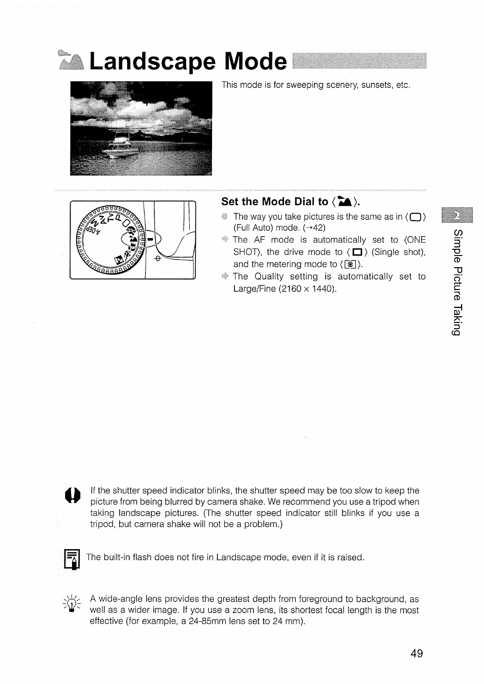 Landscape mode, Set the mode dial to | Canon EOS D30 User Manual | Page 49 / 151