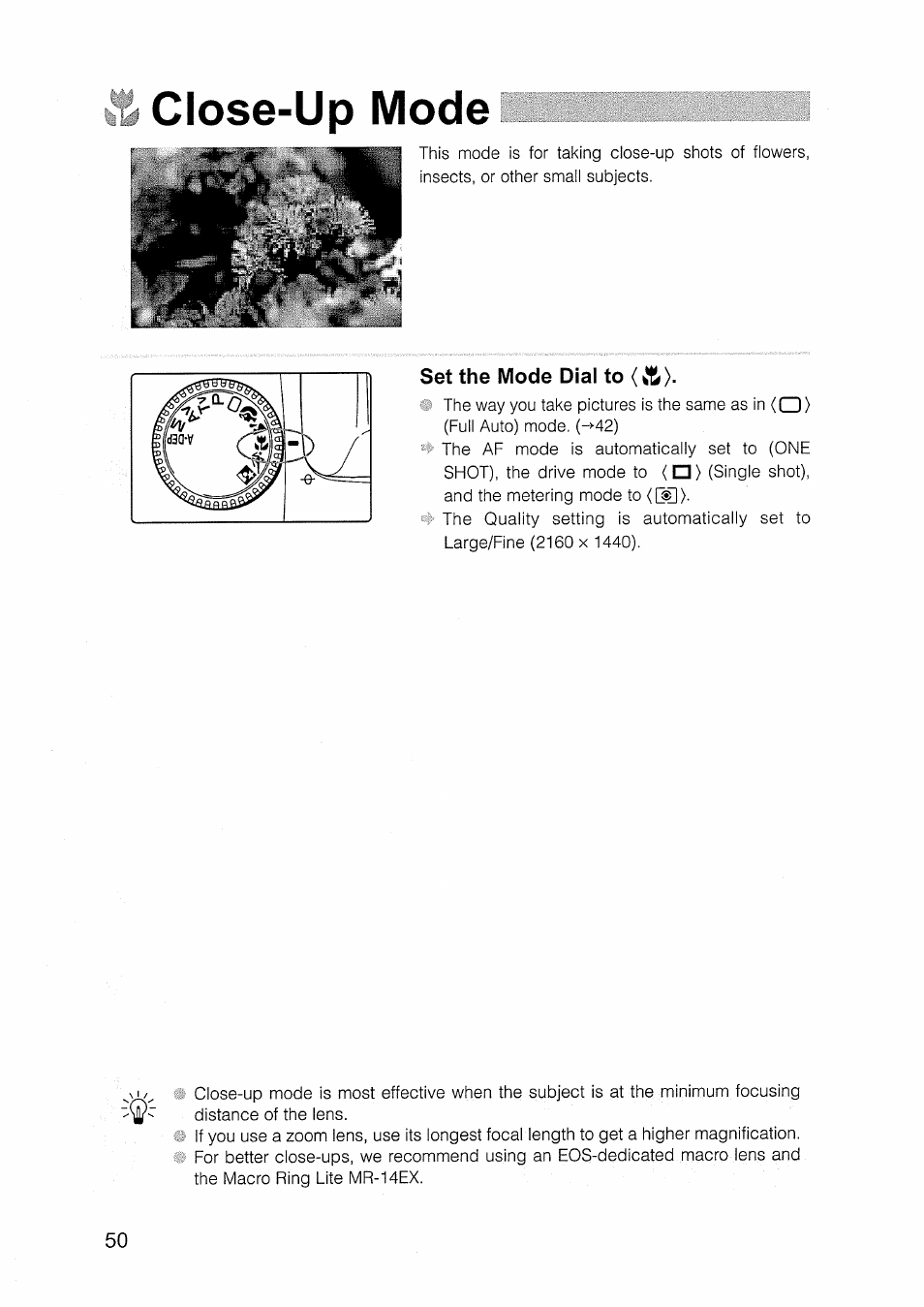 Set the mode dial to < a, Close-up mode | Canon EOS D30 User Manual | Page 50 / 151