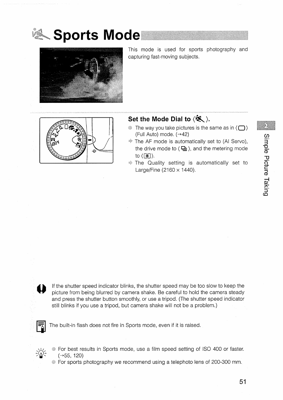 Set the mode dial to, Sports mode | Canon EOS D30 User Manual | Page 51 / 151