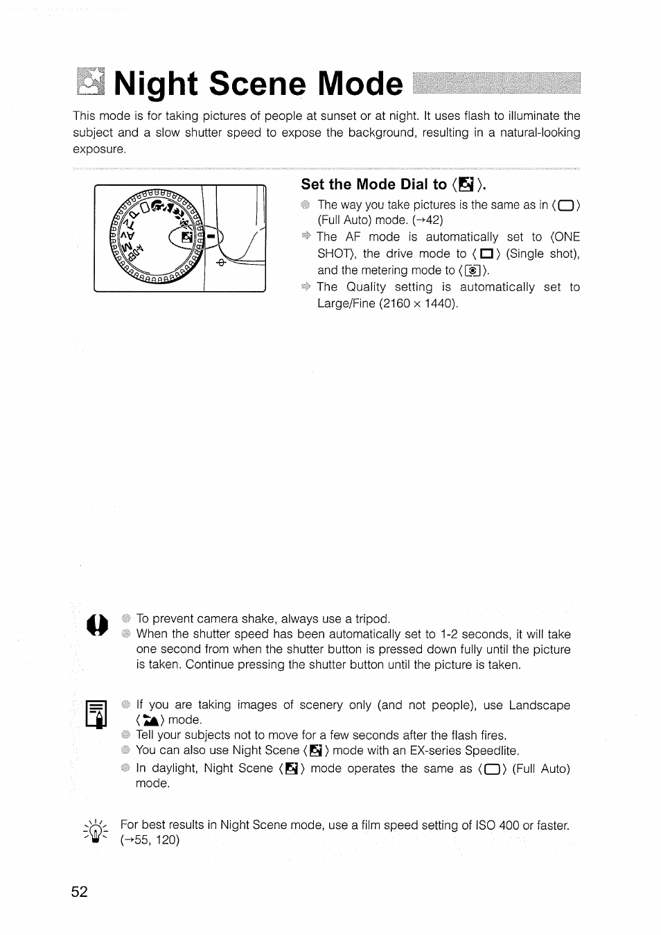 Night scene mode, Set the mode dial to (j^), S night scene mode | Canon EOS D30 User Manual | Page 52 / 151