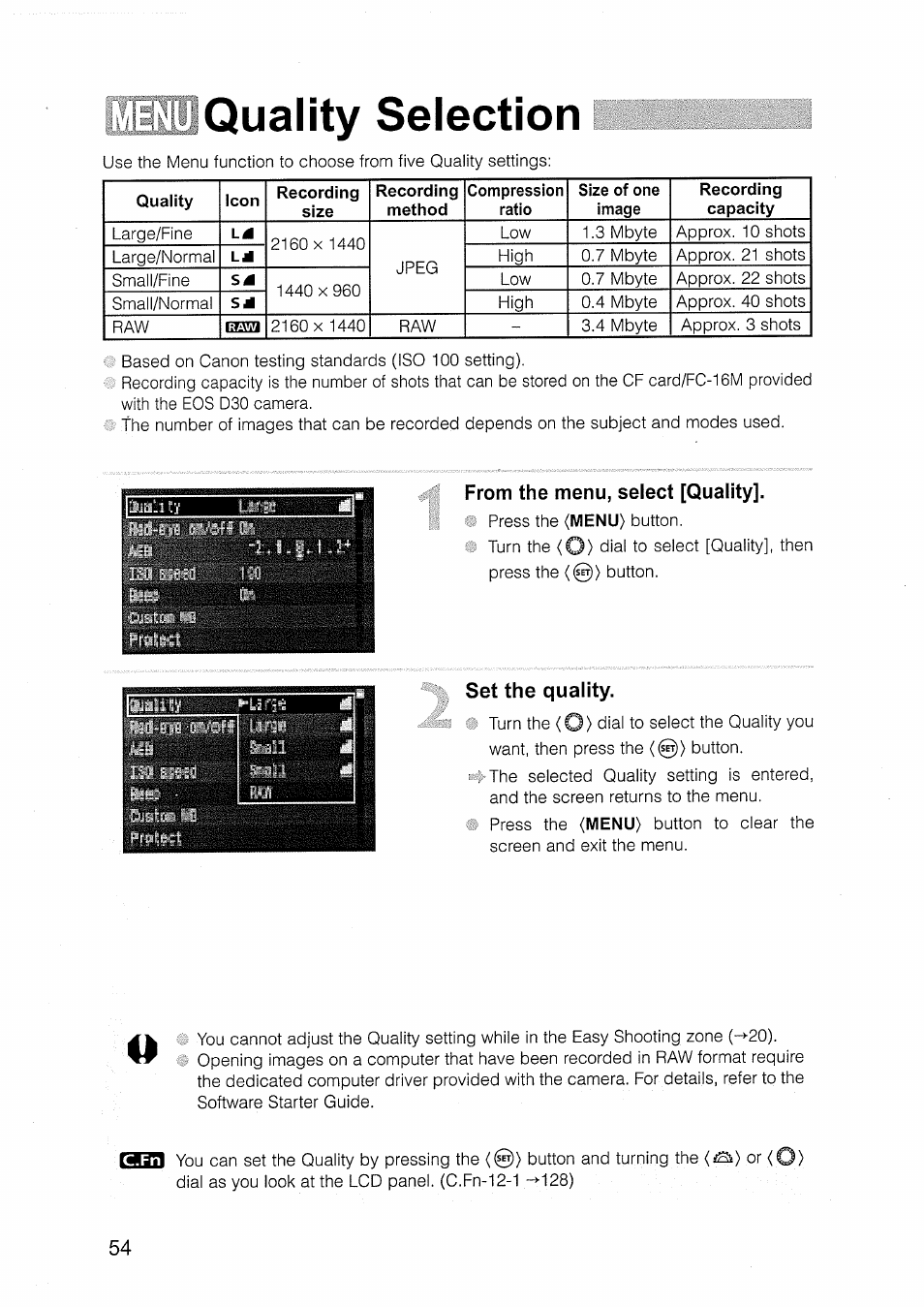 From the menu, select [quality, Set the quality, Quality selection | Canon EOS D30 User Manual | Page 54 / 151