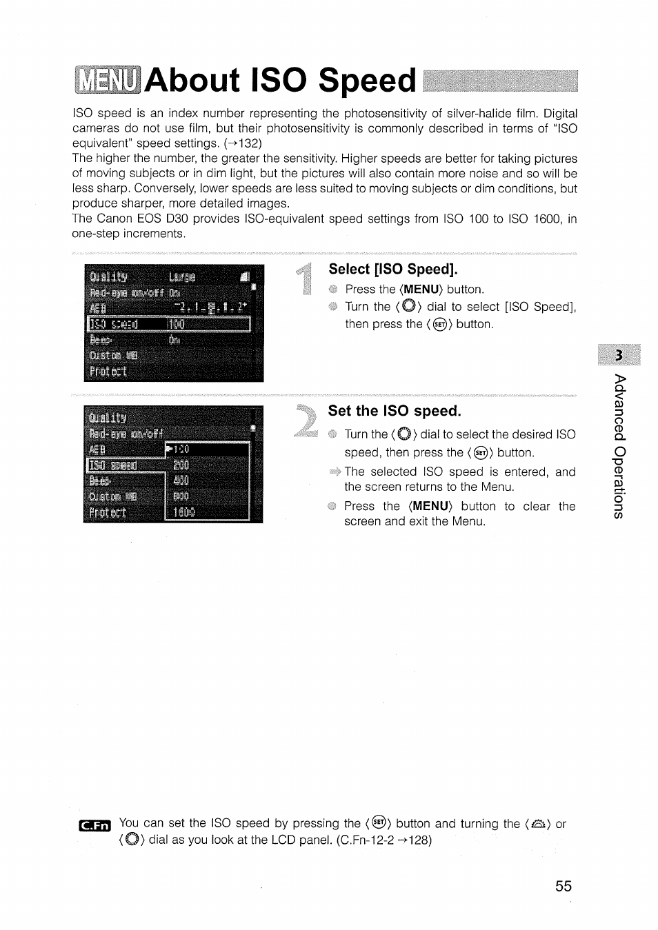 About iso speed, Select [iso speed, Set the iso speed | Cui about isq speed | Canon EOS D30 User Manual | Page 55 / 151