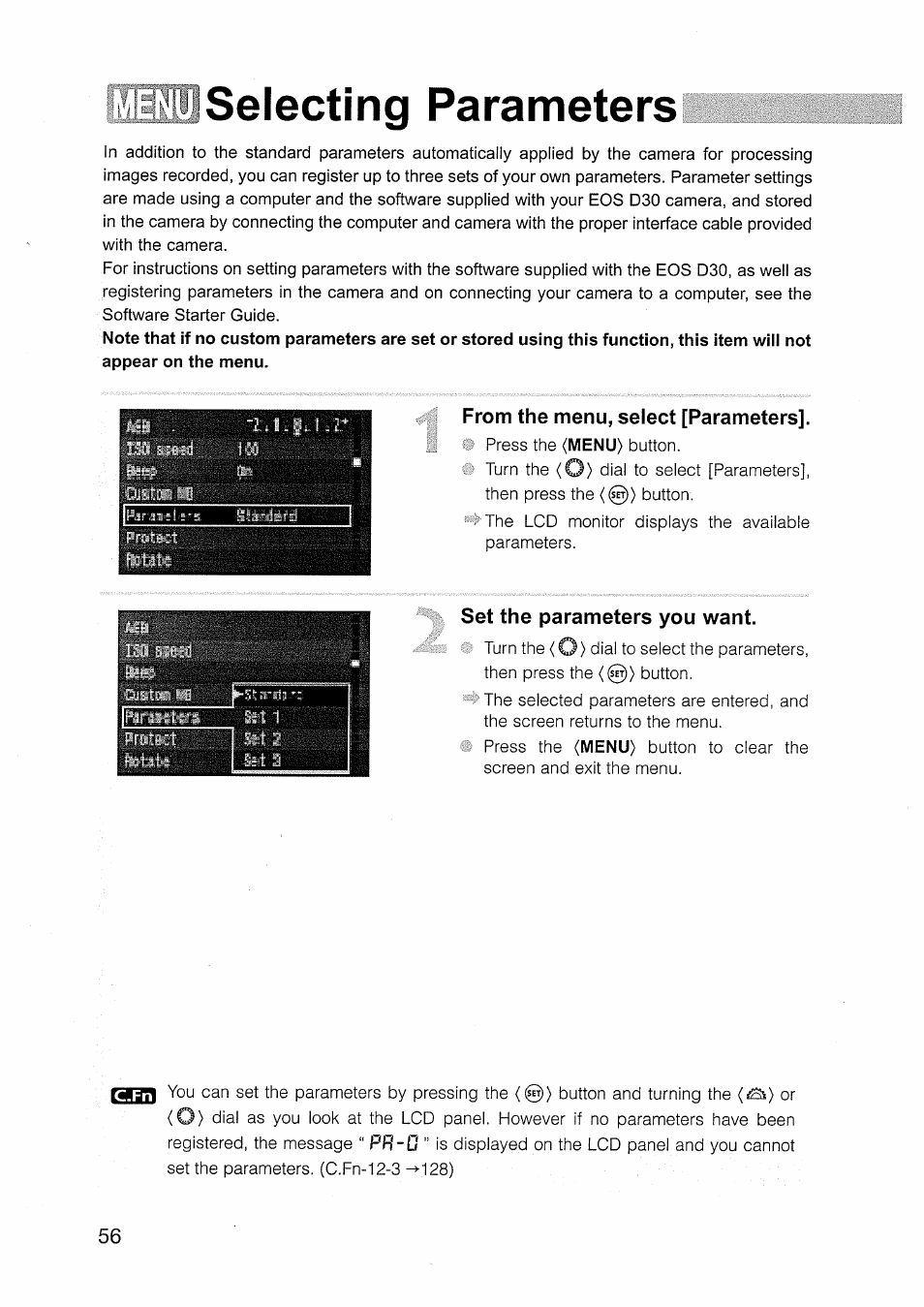 Selecting parameters, From the menu, select [parameters, Set the parameters you want | Bib selecting parameters, 1ii ml, Pr-0 | Canon EOS D30 User Manual | Page 56 / 151