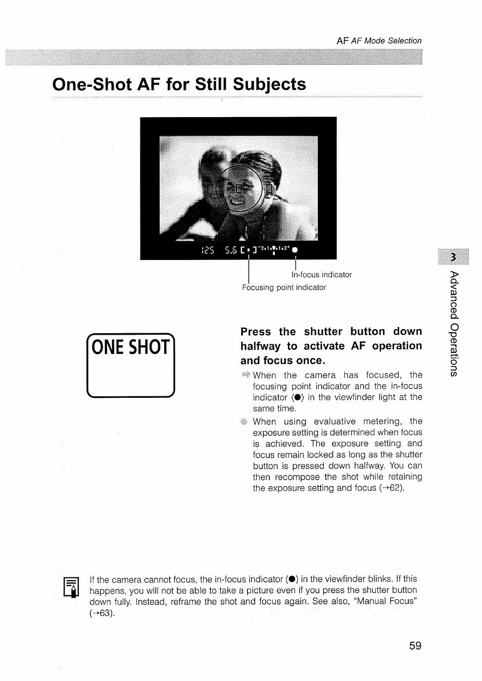 One-shot af for still subjects, Qne-shot af for still subjects, One shot | Canon EOS D30 User Manual | Page 59 / 151