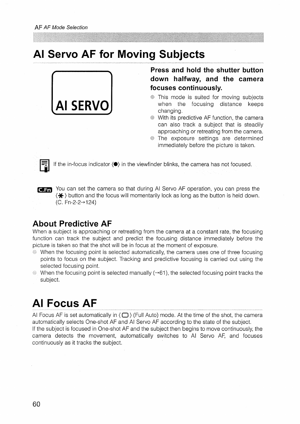 Al servo af for moving subjects, About predictive af, Al focus af | Al servo af for moving subjects al focus af, Al servo | Canon EOS D30 User Manual | Page 60 / 151