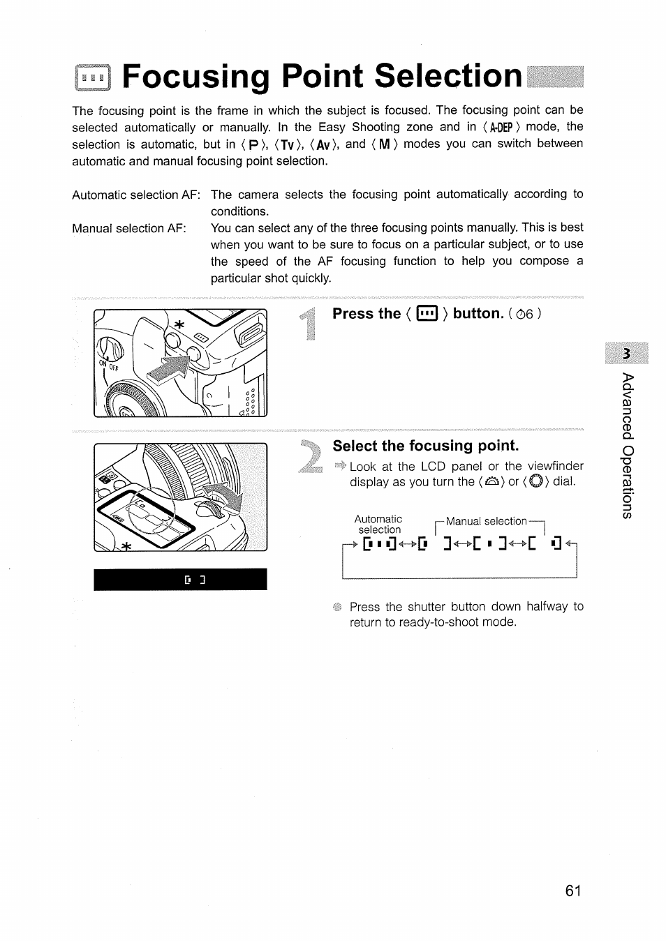 Focusing point selection, Select the focusing point, E3 focusing point selection | Press the < e3 > button | Canon EOS D30 User Manual | Page 61 / 151