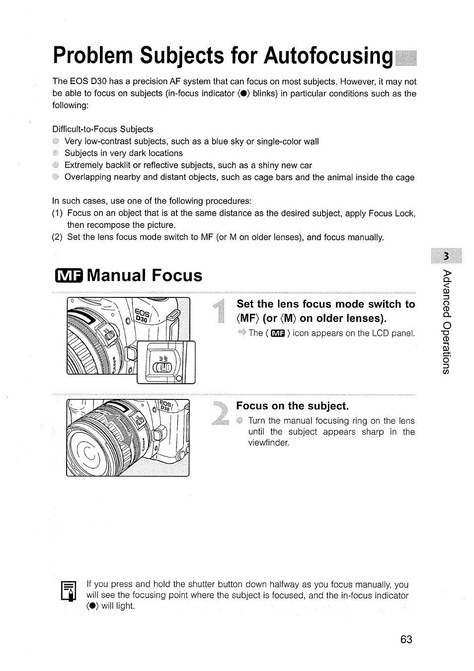 Problem subjects for autofocusing, Manual focus, Focus on the subject | Problem subjects for autofoousing, Csb manual foous | Canon EOS D30 User Manual | Page 63 / 151