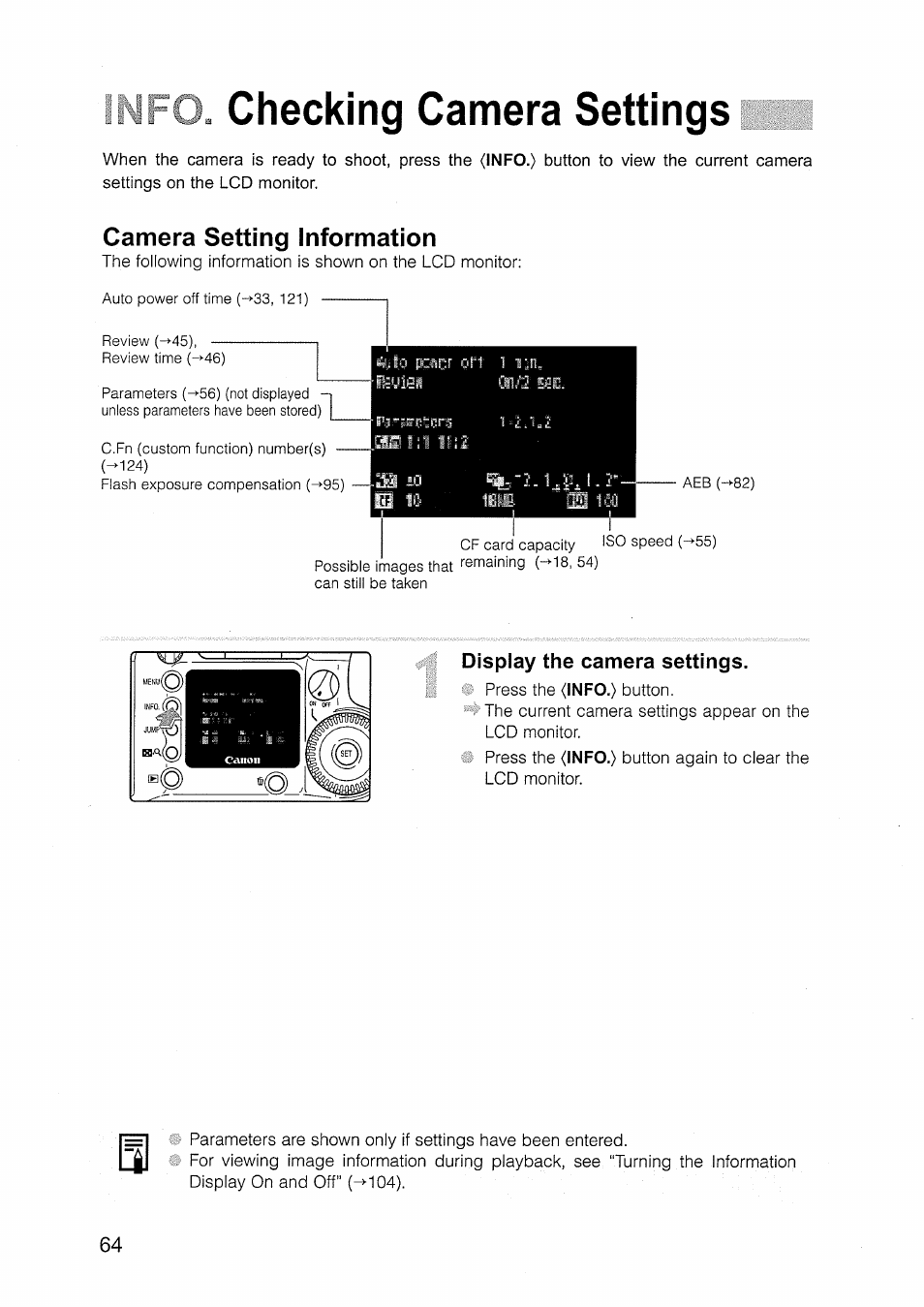 Checking camera settings, Camera setting information, Display the camera settings | Info, cheoking camera settings | Canon EOS D30 User Manual | Page 64 / 151