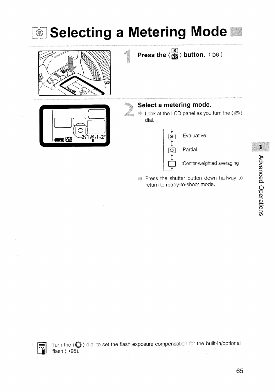 Selecting a metering mode, Press the (¿> button. (c2)6), Select a metering mode | Seleoting a metering mode | Canon EOS D30 User Manual | Page 65 / 151