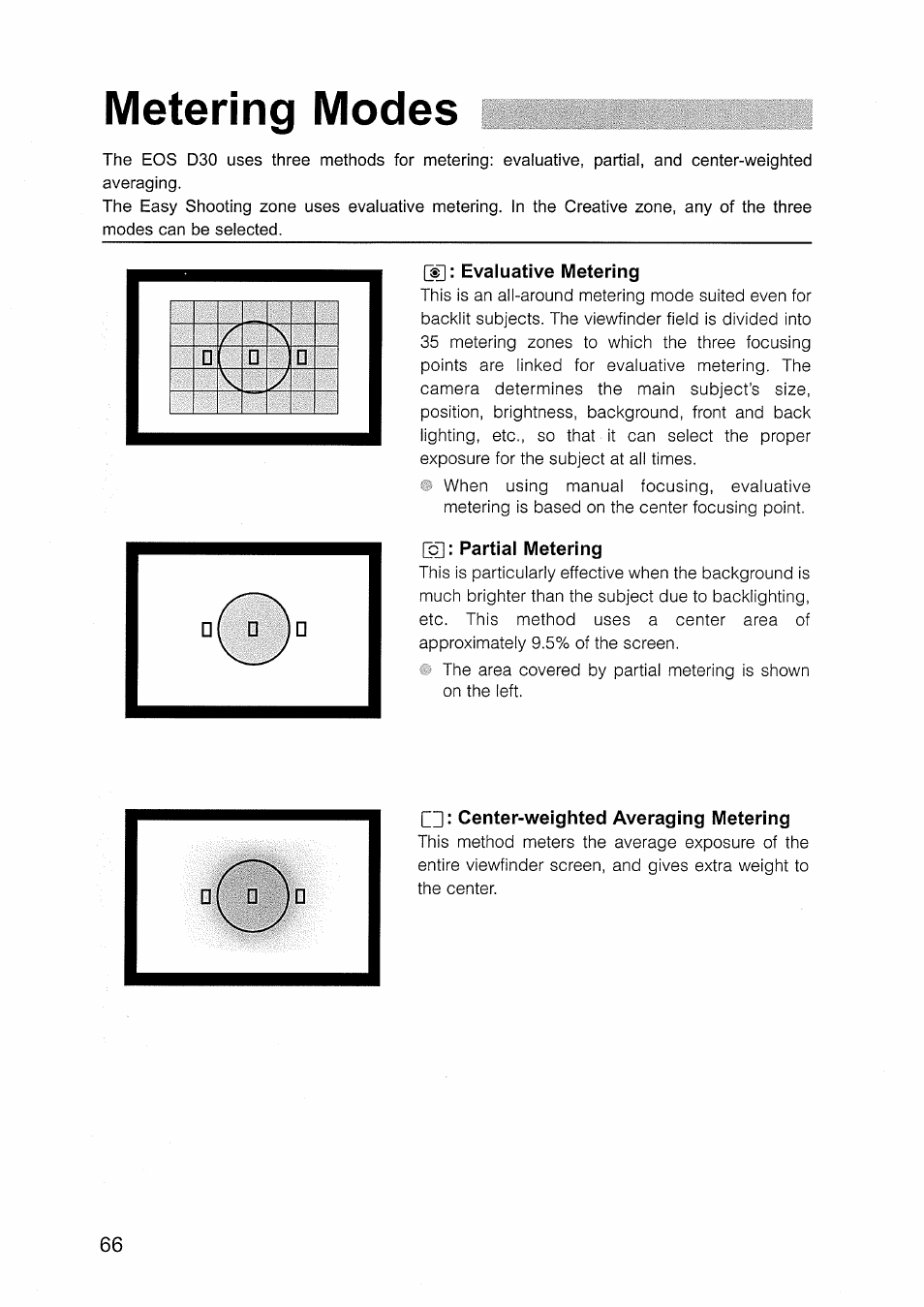 Metering modes | Canon EOS D30 User Manual | Page 66 / 151