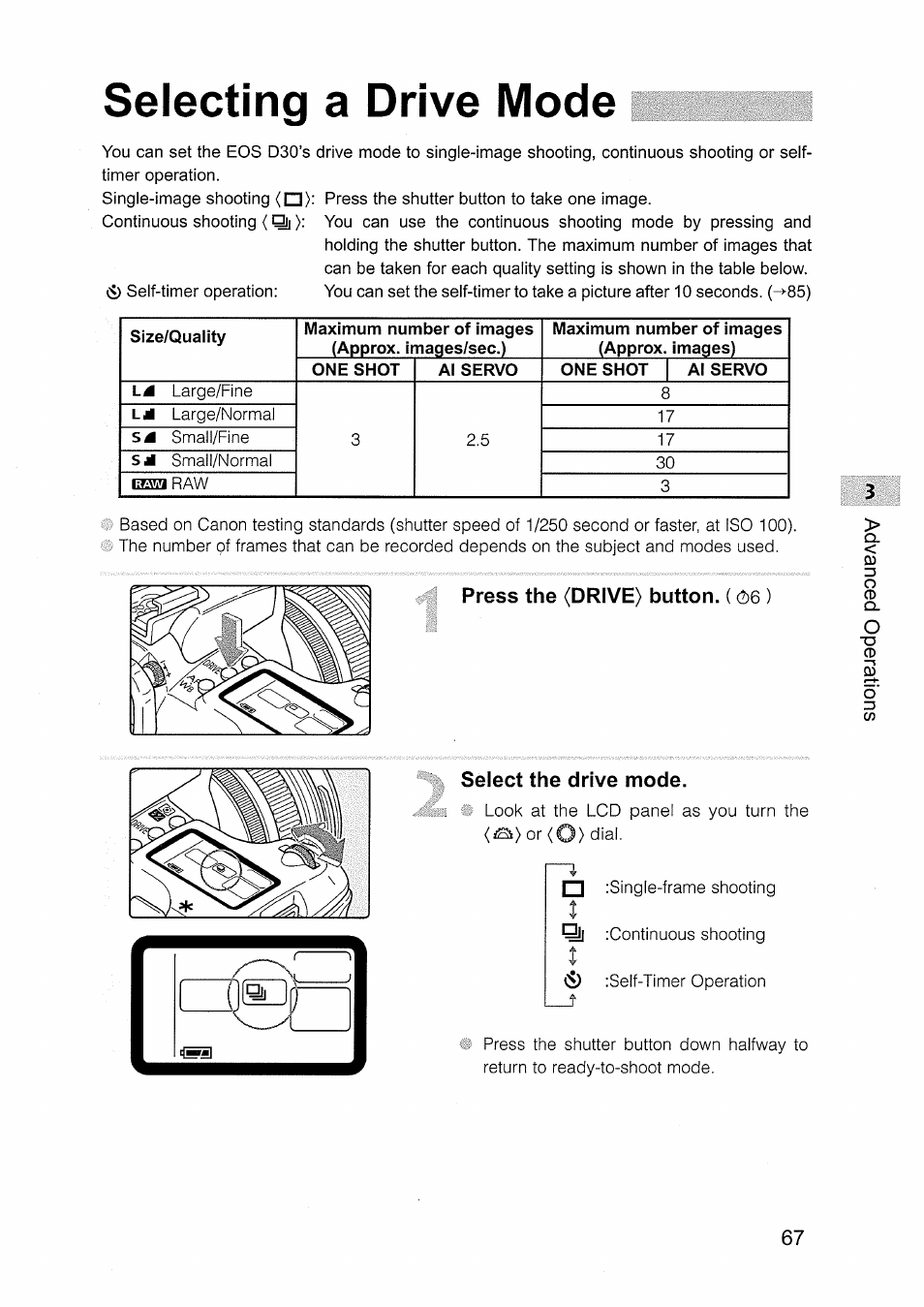 Selecting a drive mode, Press the (drive) button. (06 ), Select the drive mode | Press the (drive) button | Canon EOS D30 User Manual | Page 67 / 151