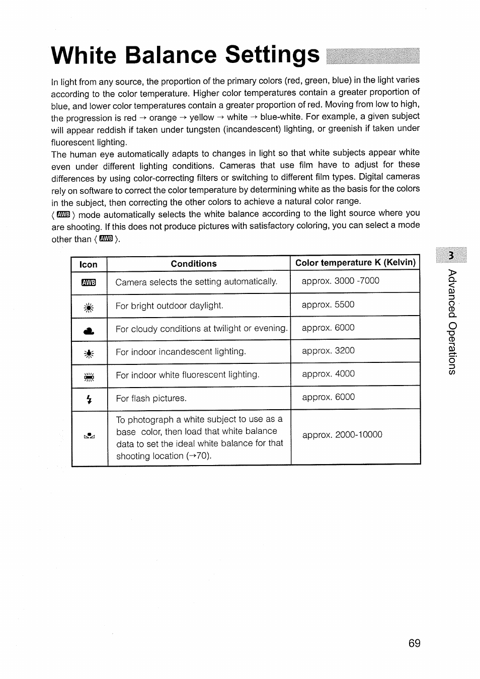 White balance settings | Canon EOS D30 User Manual | Page 69 / 151