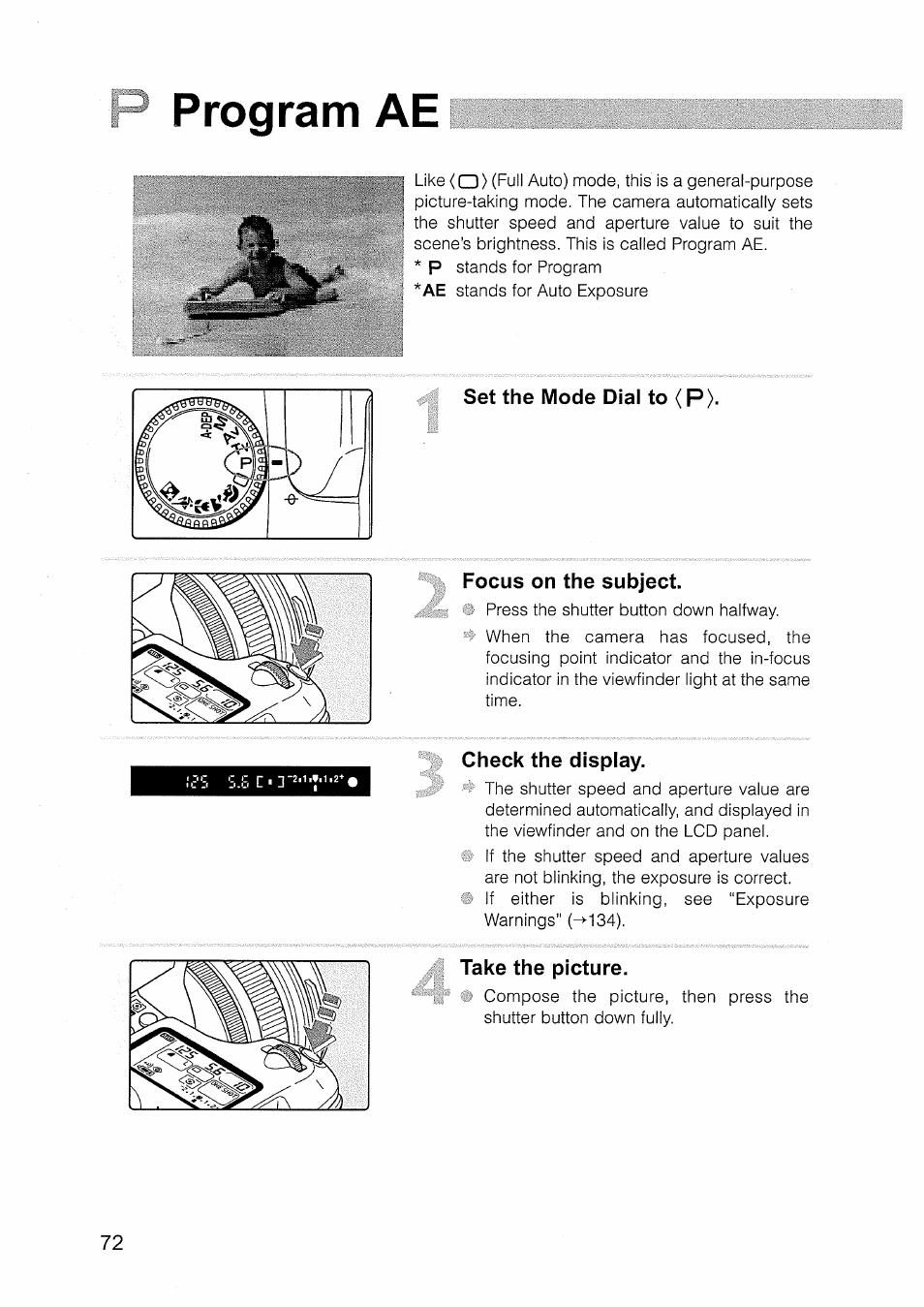 Program ae, Set the mode dial to (p, Focus on the subject | Check the display, Take the picture, P program ae | Canon EOS D30 User Manual | Page 72 / 151