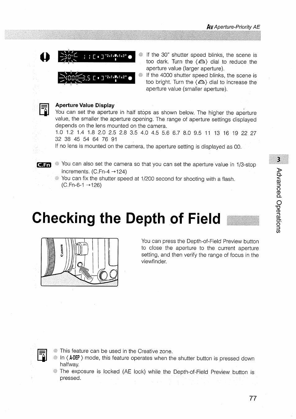 Checking the depth of field | Canon EOS D30 User Manual | Page 77 / 151