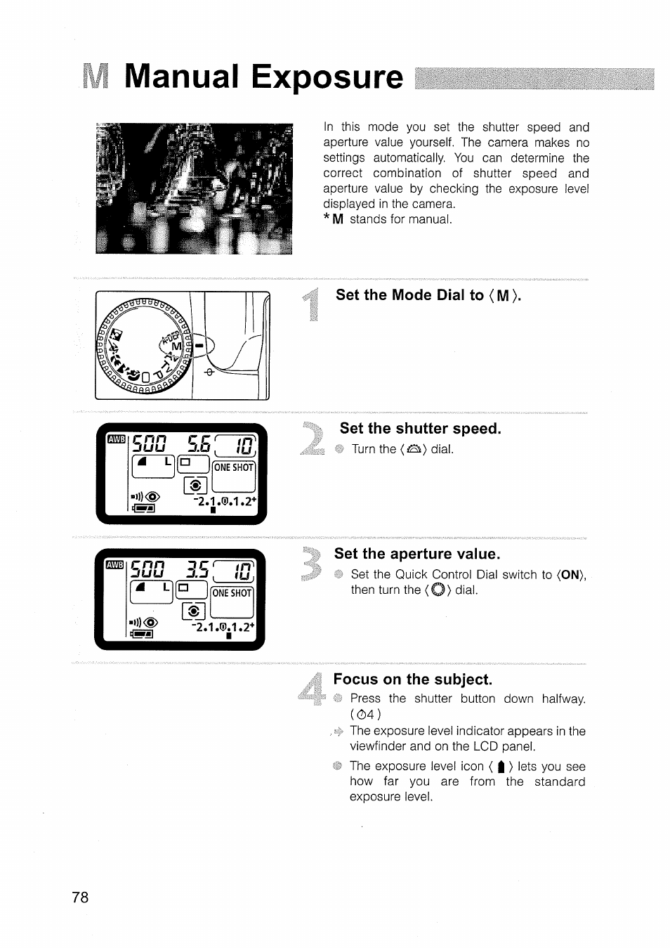 Manual exposure, Set the mode dial to (m), Set the shutter speed | Set the aperture value, Focus on the subject, M manual exposure | Canon EOS D30 User Manual | Page 78 / 151